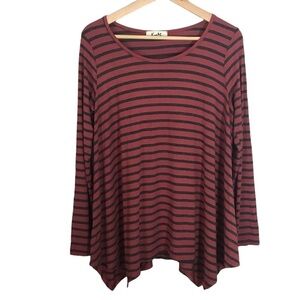 Kye Mi Women’s Red/Black Striped Shark Bite Long Sleeve Tunic Top Size S